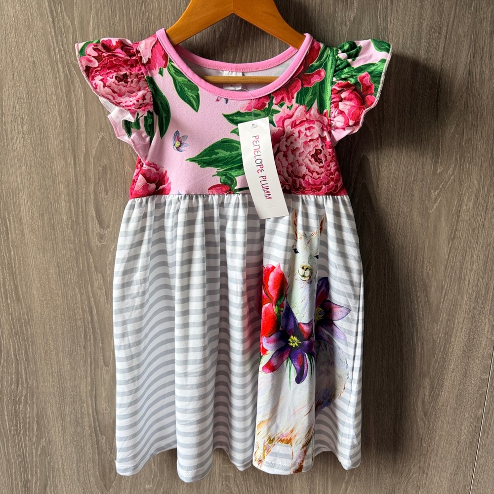 Penelope Plumm Llama Floral Striped Dress Girls 4 Pink Grey Flutter Sleeve NWT